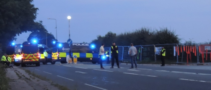 Policing the arrival of a convoy of fracking equipment at Cuadrilla's Preston New Road site, 16 July 2019. Photo: Ros Wills