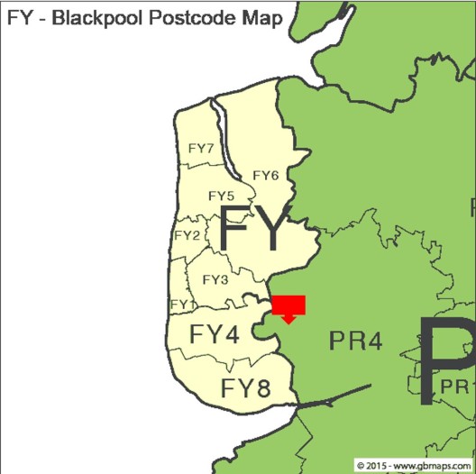Postcode areas in the Fylde area of Lancashire. Red marker shows the location of Preston New Road